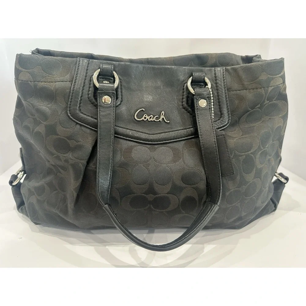 Coach Ashley F19244 Black Signature C Jacquard Leather Carryall Shoulder Bag